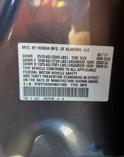 2017 Honda Pilot Touring z USA, uszkodzony, nr VIN 5FNYF5H94HB011565